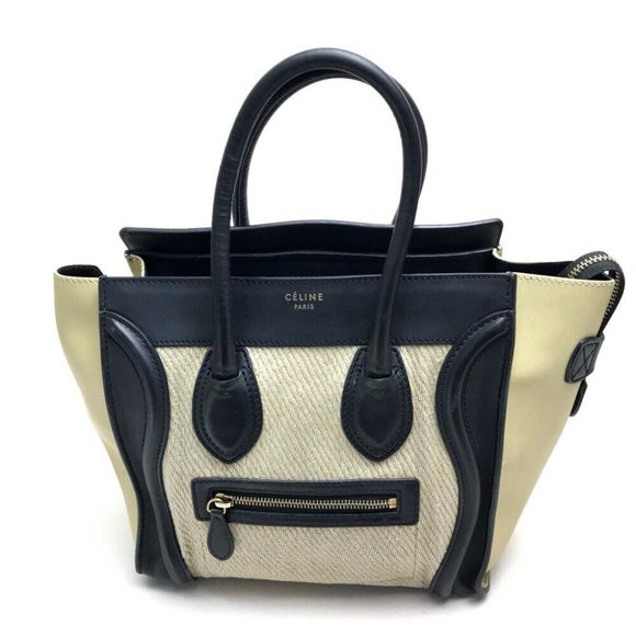 CELINE Micro Shopper Luggage Tote Bag Beige x Black Canvas x Leather